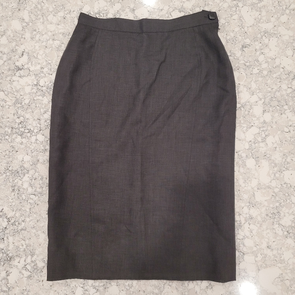 Vintage Linen Blend Pencil Midi Skirt Grey 80s Size 12 Fits 8 Office